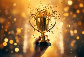 ai generativo mano participación oro trofeo taza con papel picado. celebrando con trofeo premio para éxito realista foto