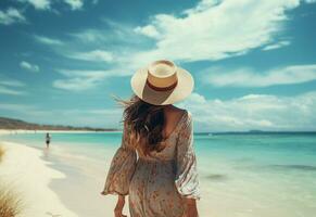 Ai generative young tourist woman in summer dress and hat standing on beautiful sandy beach. Cute girl enjoying photo