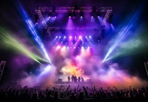 Ai generative Concert Stage Scenery With Spotlights Colored Lights Smoke photo