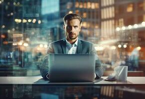 Ai Generative double exposure photo of a business man using laptop on his desk front view office background