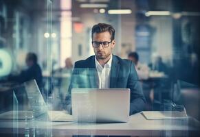 Ai generative double exposure photo of a business man using laptop on his desk front view office background realistic image, ultra hd, high design very detailed