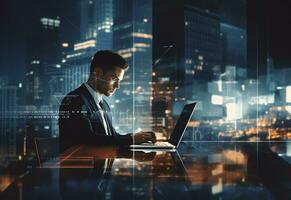 Ai Generative double exposure photo of a business man using laptop on his desk front view office background