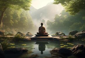 ai generative photo of a man practicing mindfulness and meditation in a peaceful natural environment sony A7s realistic image, ultra hd, high design very detailed