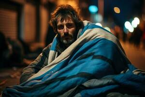Homeless person sleeping on the sidewalk wrapped in the Argentina flag photo