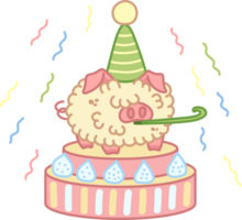 Fluffy pig standing on big cake. Party time. Kawaii character is celebrating with confetti. Illustration isolated on transparent background PNG. png