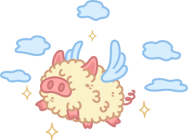 Fluffy pig with wings. Kawaii character flying in clouds. Fantasy animal. Illustration isolated on transparent background PNG. png
