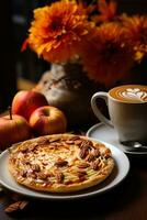 Aromatic steaming pumpkin latte and a plate of delectable caramelized apple pie on a cozy fall-themed table photo