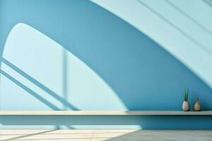 Light blue background with windows casting shadows on a plaster wall ideal for product presentations photo