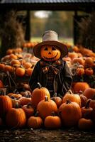 A rustic pumpkin patch adorned with vibrant orange pumpkins and a charming scarecrow welcomes visitors to an autumn celebration photo