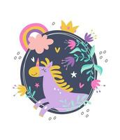 Cute unicorn with a mane and a horn in a round frame. Birthday concept. Crown, rainbow, flowers, plants. Vector hand drawn illustration isolated on white background