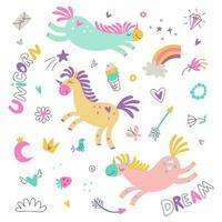 Set of cute unicorns and different objects. Vector illustration isolated on white background with handwritten text. Birthday concept