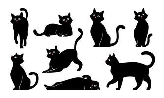 variantes de gato posa vector conjunto de negro gato, felinos, ilustración aislado en blanco.