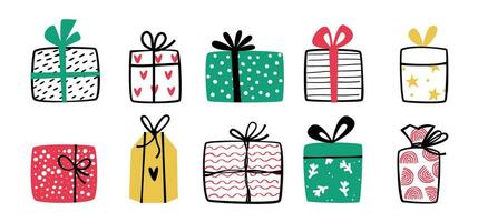 Hand drawn gift boxes collection. Present box with ribbons. Doodle vector illustrations