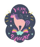 A happy unicorn with a mane and wings stands on a cloud. Birthday concept. Text, stars, rainbow, heart. Vector hand drawn illustration isolated on white background