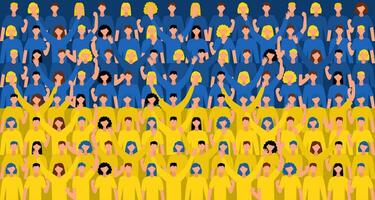 People dressed in the colors of the Ukrainian flag. Men and women in the form of a flag. Peace and victory. Vector flat illustration for a banner.