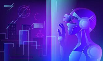 tecnología virtual realidad. un virtual mujer en lentes y un virtual realidad auriculares mira a el holografía de el resumen mundo, el ciudad. vector ilustración