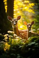 A peaceful doe tenderly watches over her slumbering fawn amidst the serene beauty of a sun-dappled woodland photo