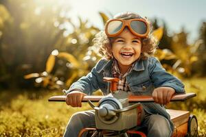 Father and son play with a toy plane while the boy sits on the man's shoulders photo