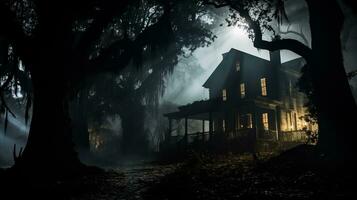 A mysterious silhouette of a haunted house engulfed in an eerie fog awaits brave souls on ghost tours photo