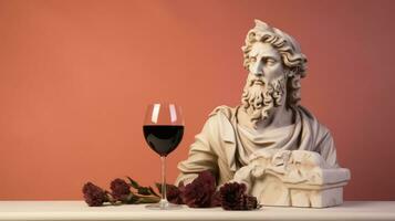 Art sculpture of ancient Italian from marble with wine isolated on a pastel background with a copy space photo