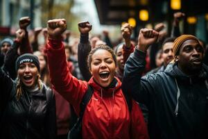 un grupo de apasionado individuos aumento su puños en unidad como ellos marzo para su derechos durante un Huelga foto