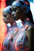 Ethereal models garbed in LED-lit attire embodying a futuristic minimalist style against glowing backgrounds photo