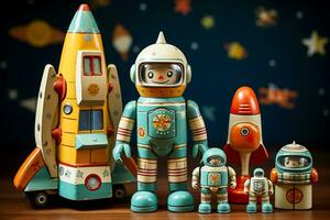Retro isolated toys robot rocket and UFO photo