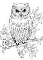 Owl Coloring Page for Adults, Full-Body Owl with Doodles for Relaxation and Stress Relief, Ai generative png