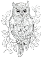 Owl Coloring Page for Adults, Full-Body Owl with Doodles for Relaxation and Stress Relief, Ai generative png