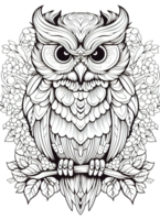 Owl Coloring Page for Adults, Full-Body Owl with Doodles for Relaxation and Stress Relief, Ai generative png