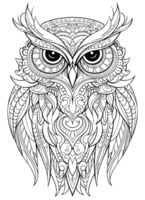 Owl Coloring Page for Adults, Full-Body Owl with Doodles for Relaxation and Stress Relief, Ai generative png