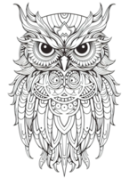 Owl Coloring Page for Adults, Full-Body Owl with Doodles for Relaxation and Stress Relief, Ai generative png