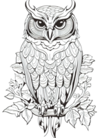 Owl Coloring Page for Adults, Full-Body Owl with Doodles for Relaxation and Stress Relief, Ai generative png