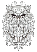 Owl Coloring Page for Adults, Full-Body Owl with Doodles for Relaxation and Stress Relief, Ai generative png