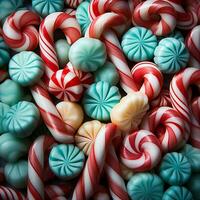 A close-up of colorful candy canes arranged in a low relief pattern against peppermint striped backgrounds photo