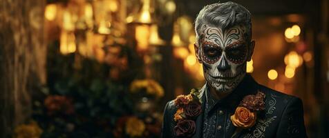 Man with striking sugar skull makeup embracing Day of the Dead traditions photo