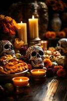 auténtico altares con tradicional ofrendas día de el muerto antecedentes con vacío espacio para texto foto