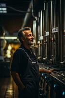 Professional winemaker monitoring the bubbling fermenting process in stainless steel tanks photo