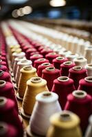 Raw cotton transformed into vibrant threads in an active textile factory photo