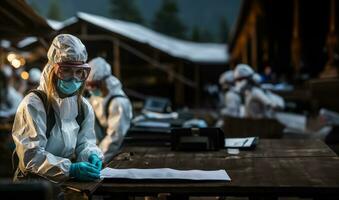 epidemiólogos conductible campo investigación durante un pandemia en protector vestir foto