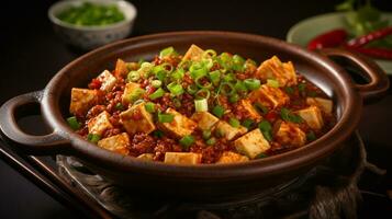 foto de Szechuan mapo tofu como un plato en un gama alta restaurante. generativo ai