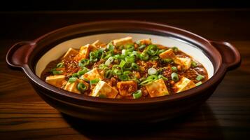 Photo of Szechuan Mapo Tofu as a dish in a high-end restaurant. Generative AI