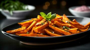 Photo of Sweet Potato Fries as a dish in a high-end restaurant. Generative AI