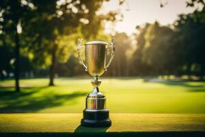Golfer raising the trophy after a tournament win on green background with empty space for text photo