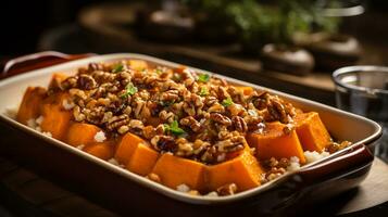 Photo of Sweet Potato Casserole as a dish in a high-end restaurant. Generative AI