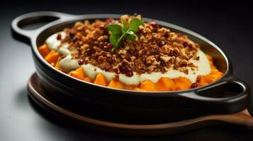 Photo of Sweet Potato Casserole as a dish in a high-end restaurant. Generative AI