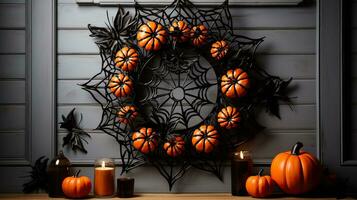 A spooky spiderweb wreath with orange pumpkins and black bats perfect for Halloween-themed indoor decorations photo