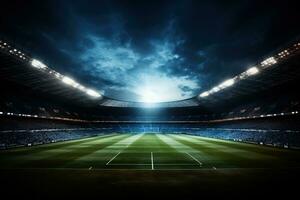 A stadium filled with excited fans a football field in the foreground background with empty space for text photo