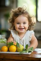 A parent joyfully purees fresh organic fruits and vegetables creating nutritious homemade baby food with love photo
