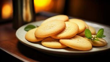 foto de azúcar galletas como un plato en un gama alta restaurante. generativo ai